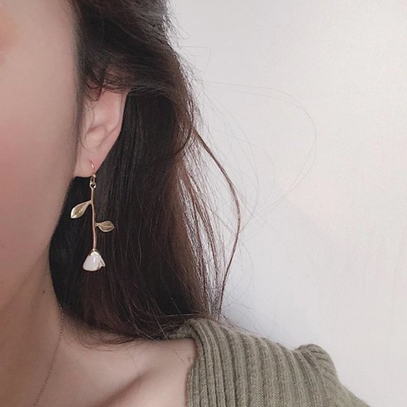 White Rose Stem Leaflet Drop Dangle Gold Earrings - Picture 2 of 8